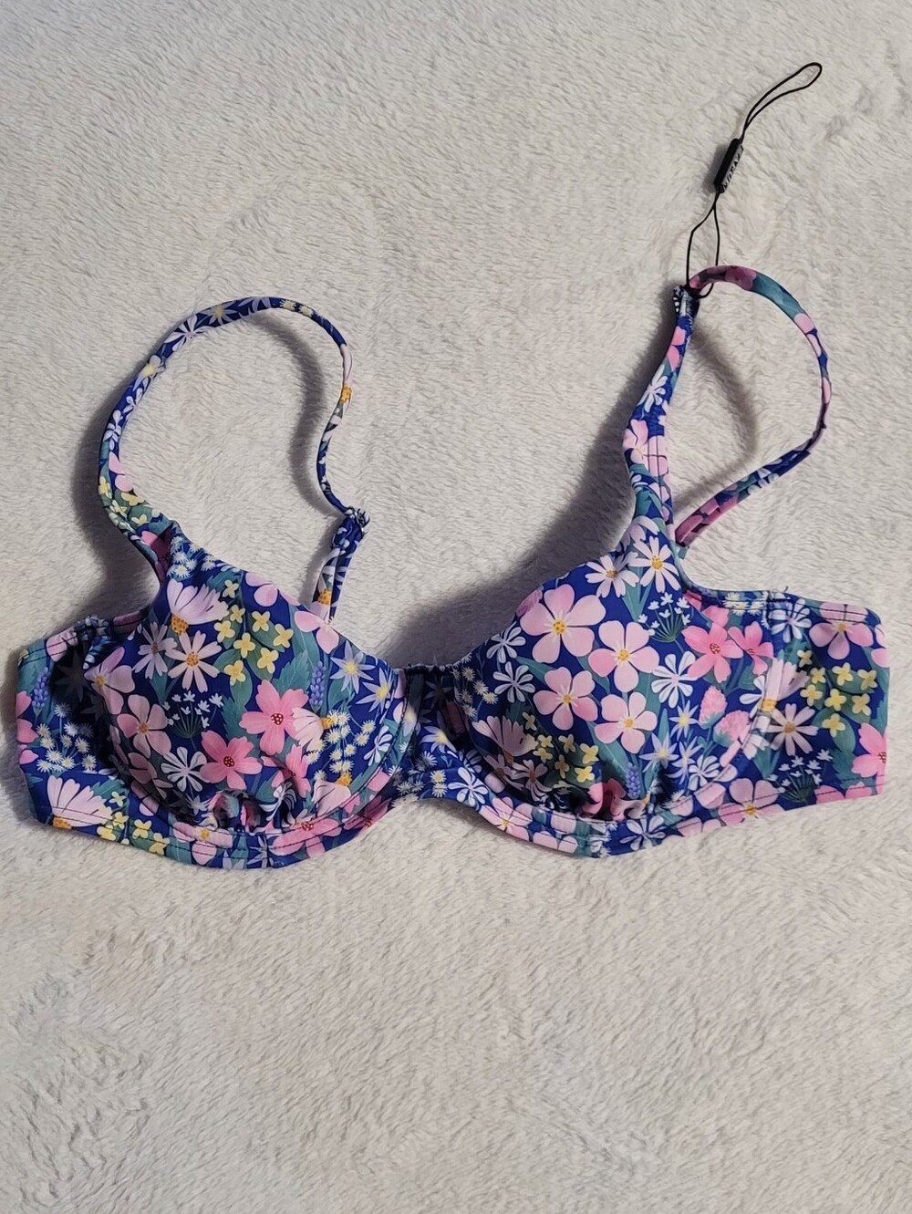Zaful Bikini Top In Blue With Pink Flowers,  M